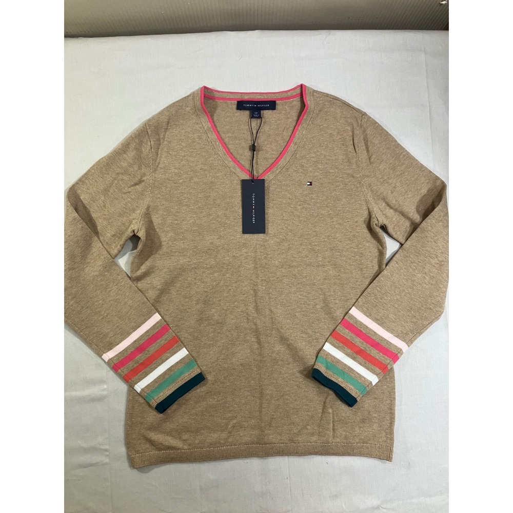 Tommy Hilfiger Ivy Sweater Womens Small Tan V-Neck Cotton Striped Cuffs J1XSN375